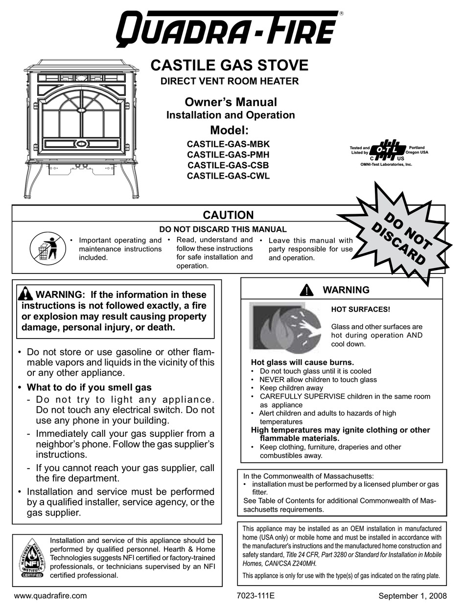 QUADRAFIRE DIRECT VENT ROOM HEATER CASTILEGASCSB OWNER'S MANUAL Pdf Download ManualsLib