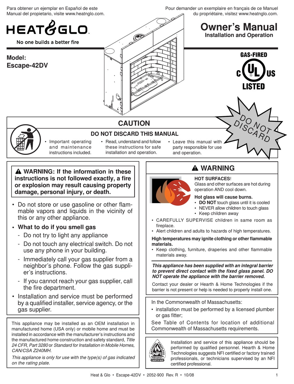 Heat Glo Escape 42dv Owner S Manual Pdf Download Manualslib