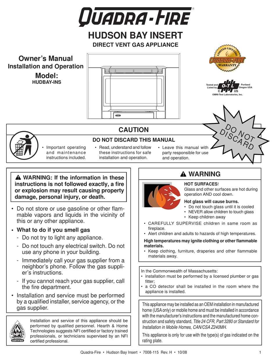 QUADRA-FIRE HUDBAY-INS OWNER'S MANUAL Pdf Download | ManualsLib