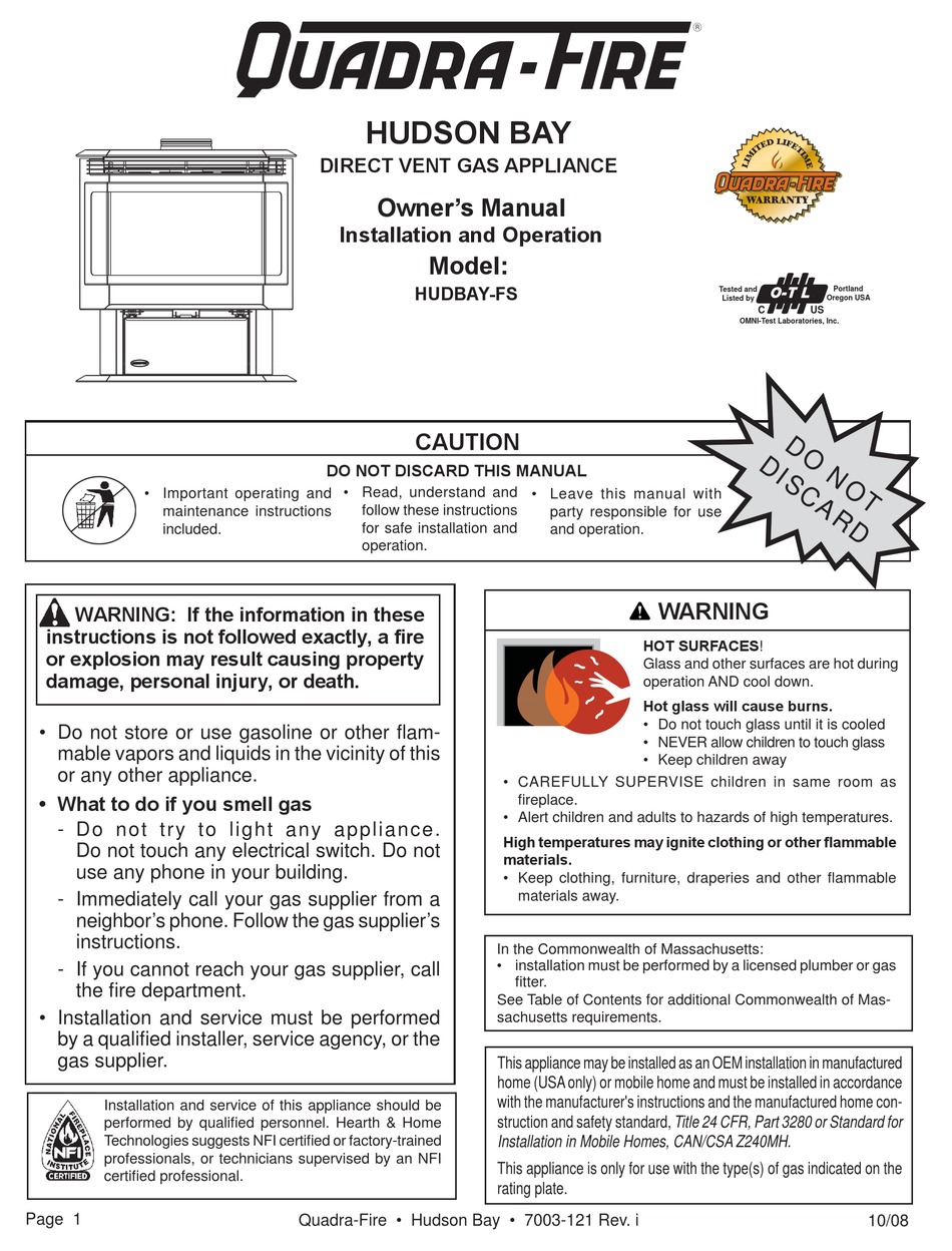 QUADRA-FIRE HUDSON BAY DIRECT VENT GAS APPLIANCE HUDBAY-FS OWNER'S MANUAL  Pdf Download | ManualsLib