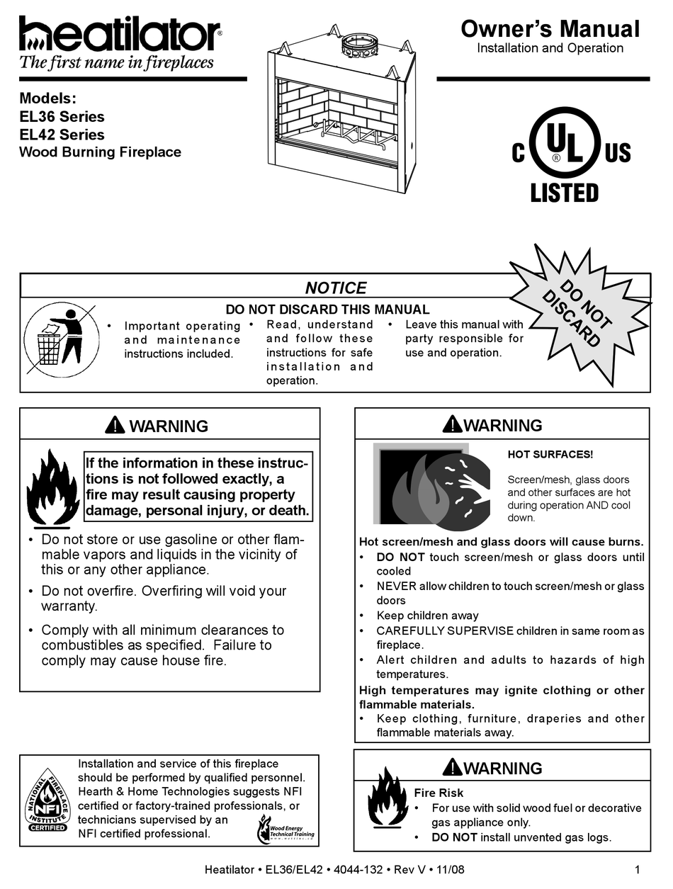 HEATILATOR WOOD BURNING FIREPLACE EL36 SERIES OWNER