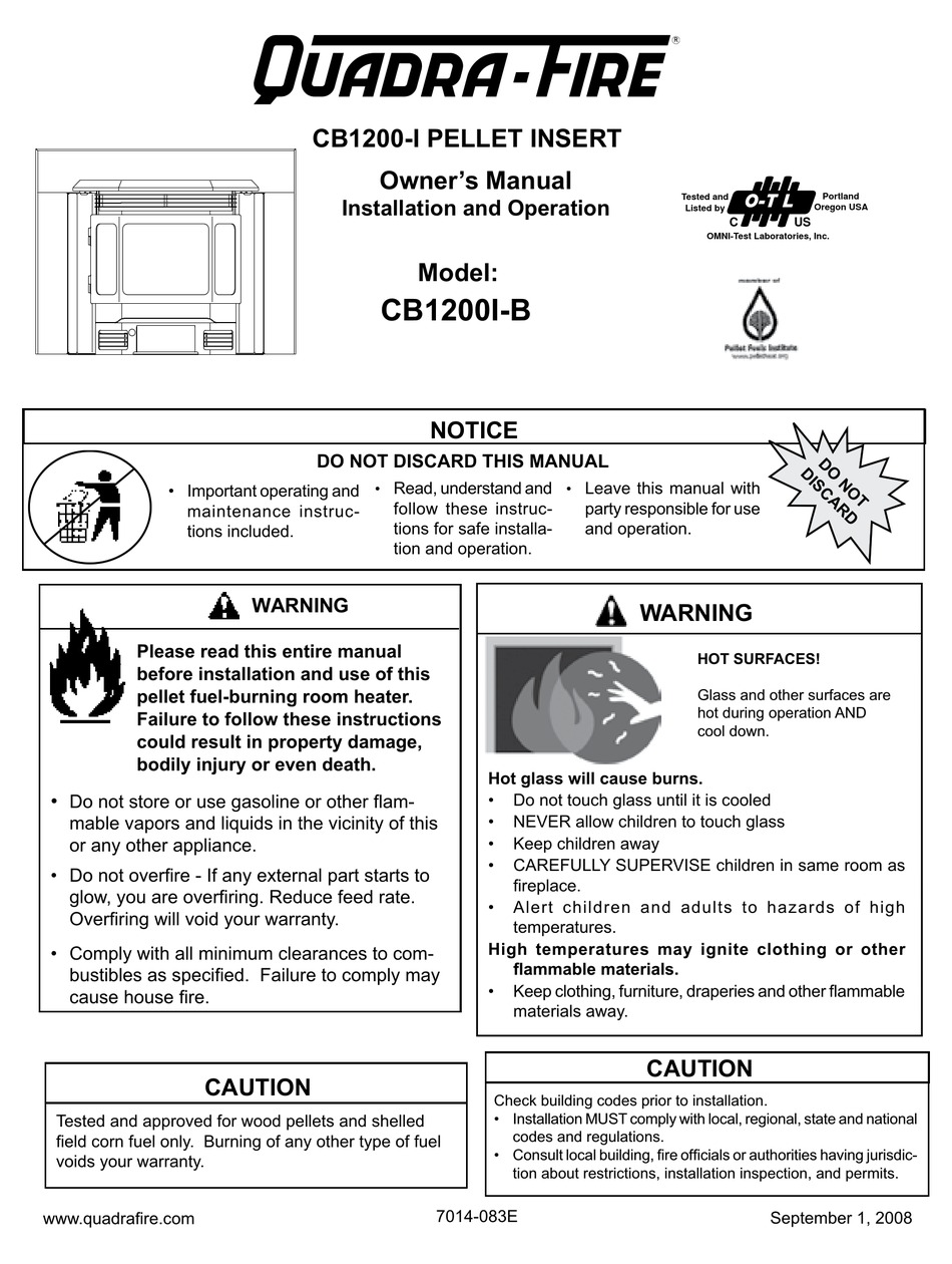 QUADRA-FIRE CB1200-I PELLET INSERT CB1200I-B OWNER'S MANUAL Pdf