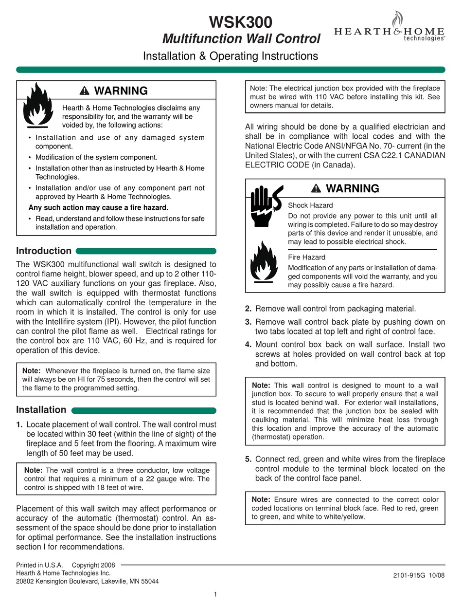 HEARTH AND HOME TECHNOLOGIES MULTIFUNCTION WALL CONTROL WSK300