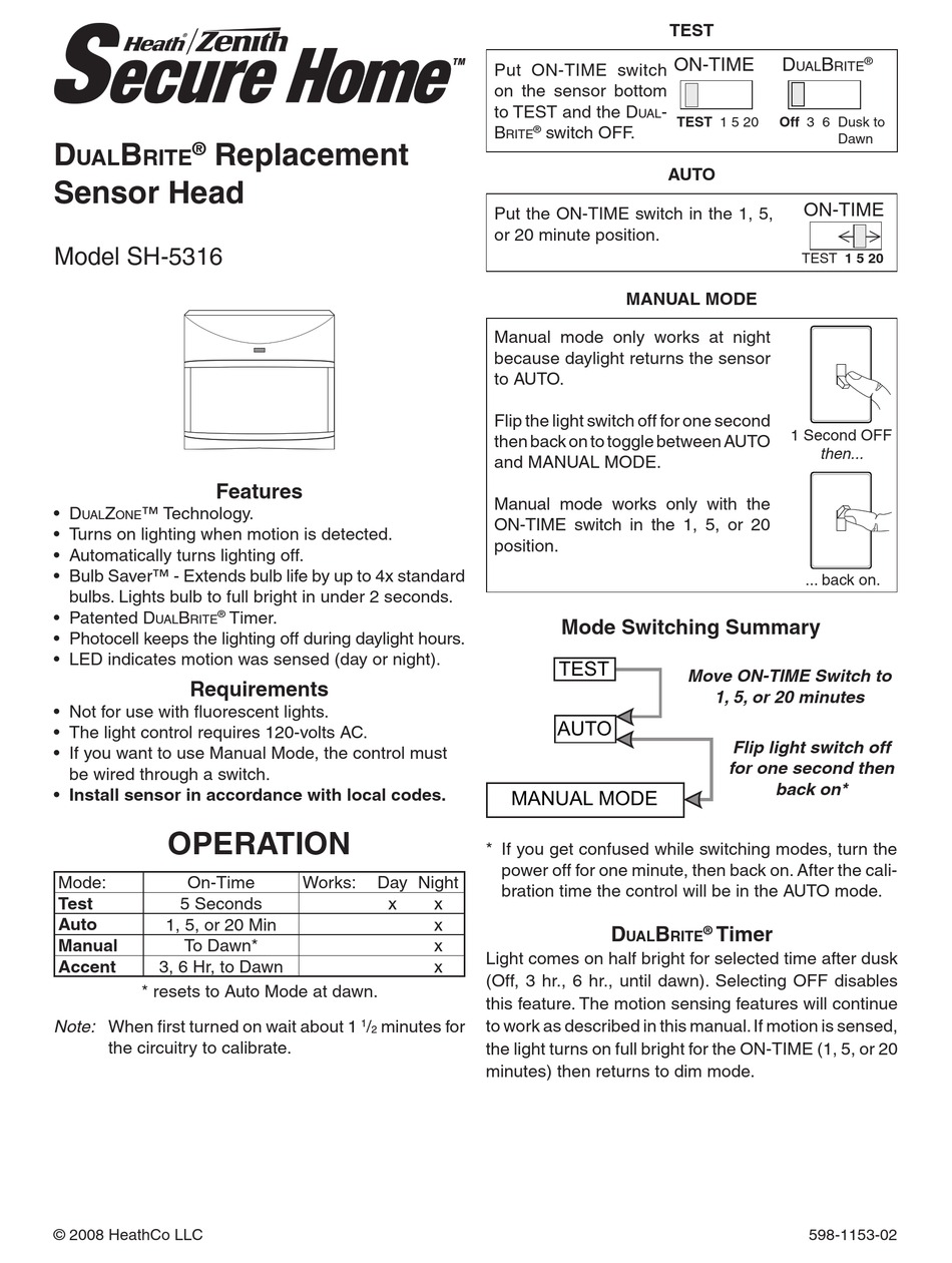 HEATH ZENITH DUALBRITE REPLACEMENT SENSOR HEAD SH-5316 OWNER'S MANUAL