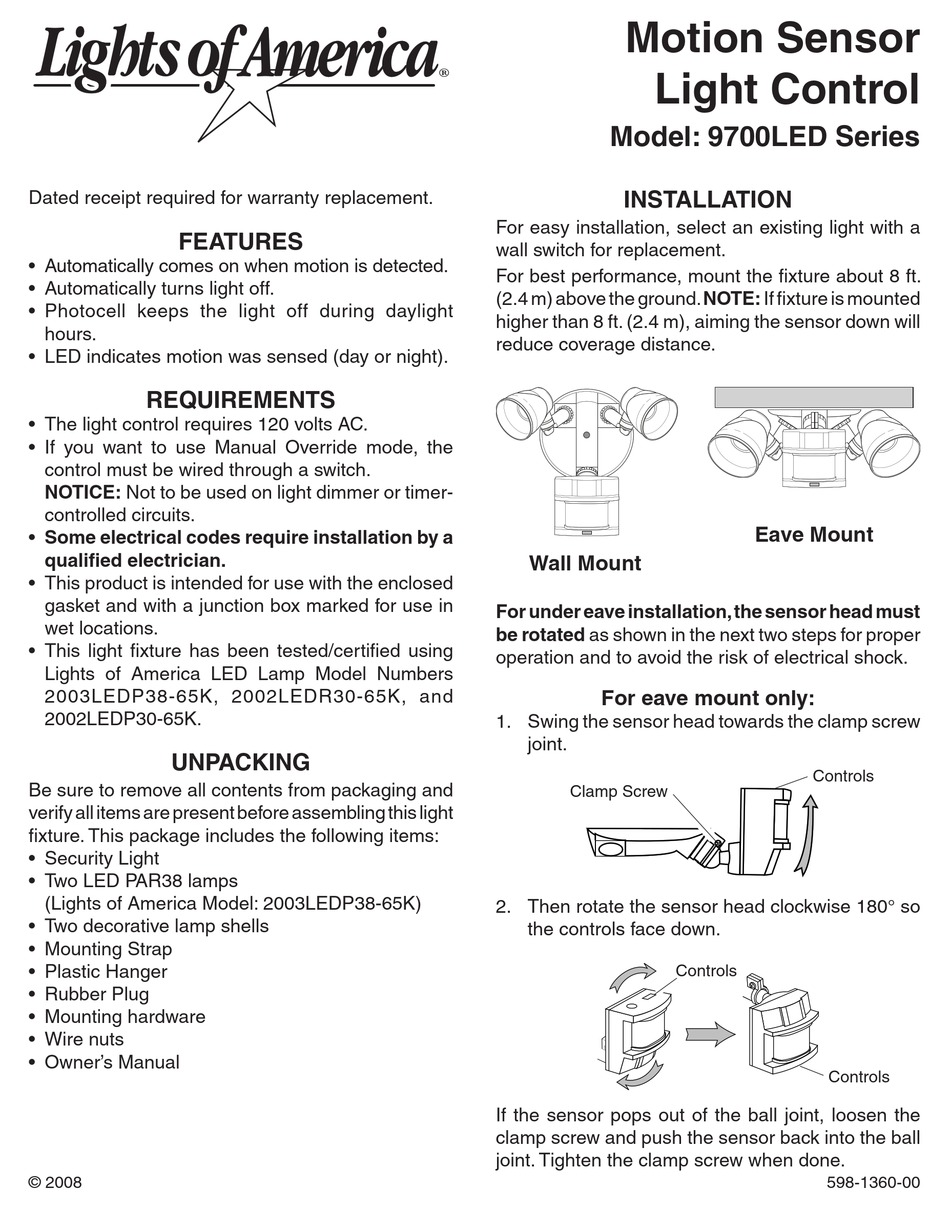 LIGHTS OF AMERICA MOTION SENSOR LIGHT CONTROL 9700LED OWNER'S MANUAL