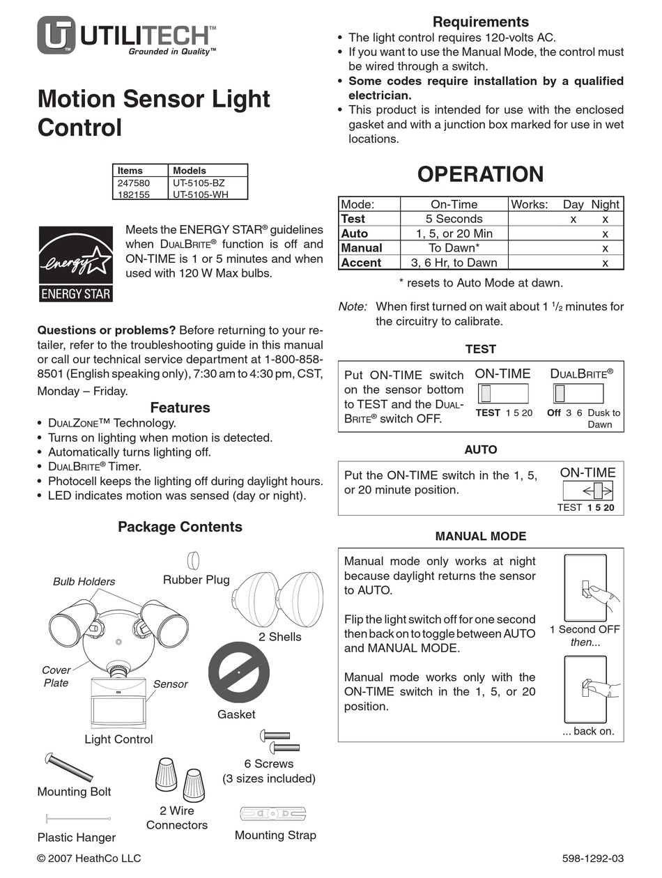 UTILITECH MOTION SENSOR LIGHT CONTROL UT-5105-BZ OWNER'S MANUAL Pdf Download | ManualsLib Thermostat Wiring Diagram ManualsLib