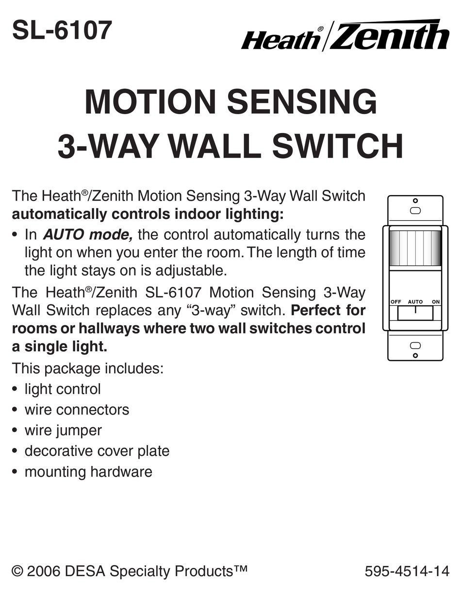 HEATH ZENITH MOTION SENSING 3WAY WALL SWITCH SL6107 OWNER'S MANUAL