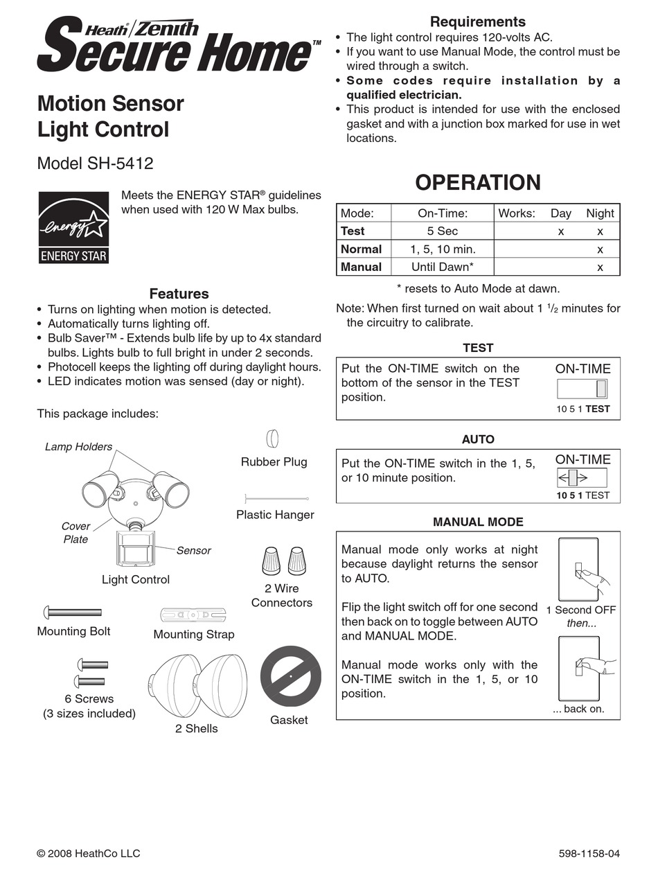 HEATH ZENITH MOTION SENSOR LIGHT CONTROL SH-5412 OWNER'S MANUAL Pdf