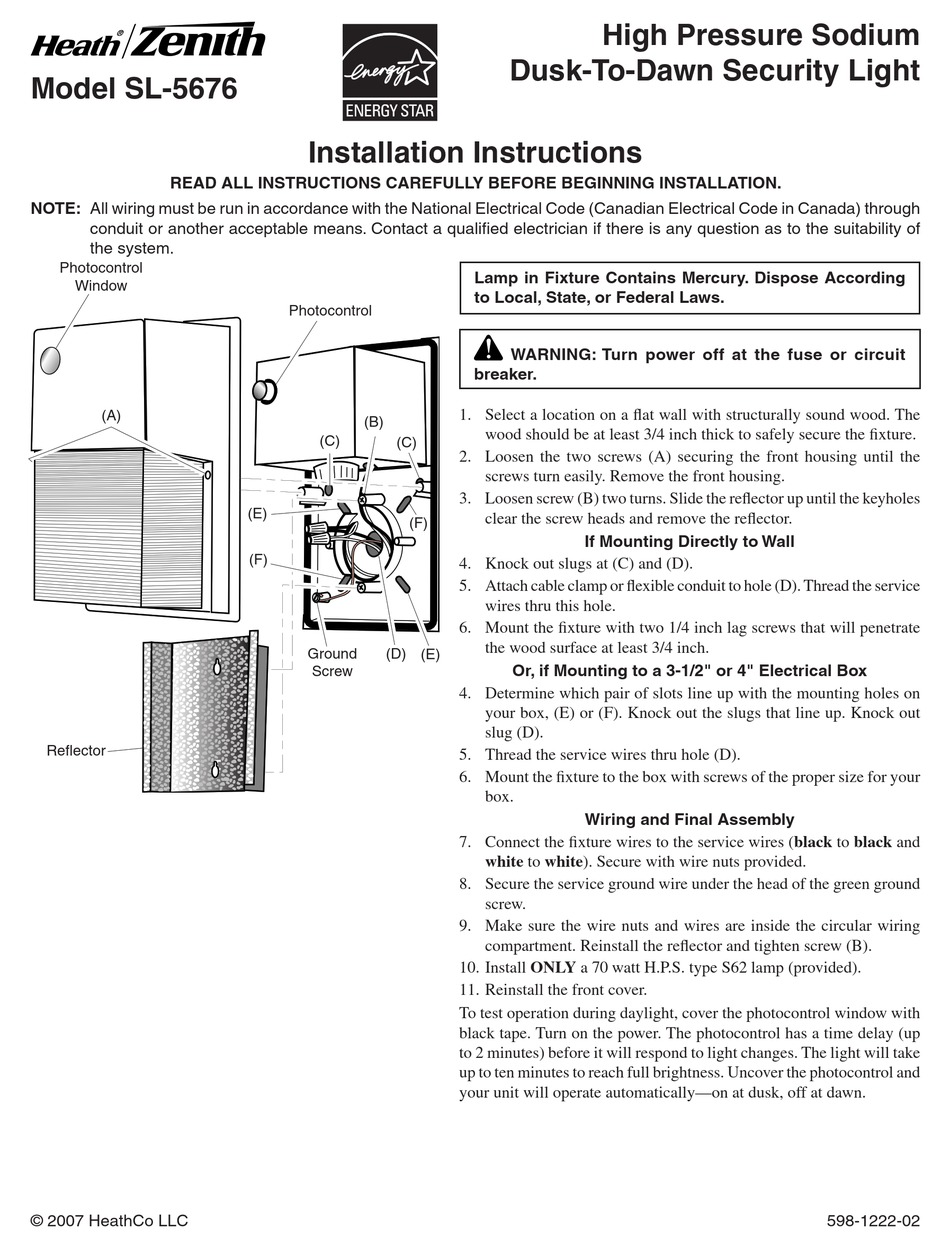 HEATH ZENITH SL-5676 INSTALLATION INSTRUCTIONS MANUAL Pdf Download