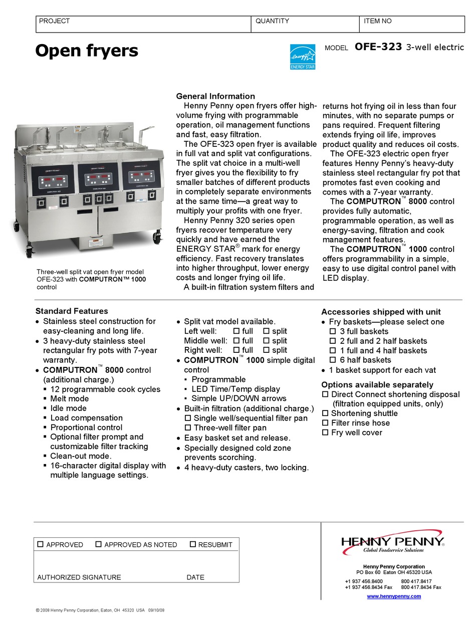 HENNY PENNY OFE-323 SPECIFICATION SHEET Pdf Download | ManualsLib