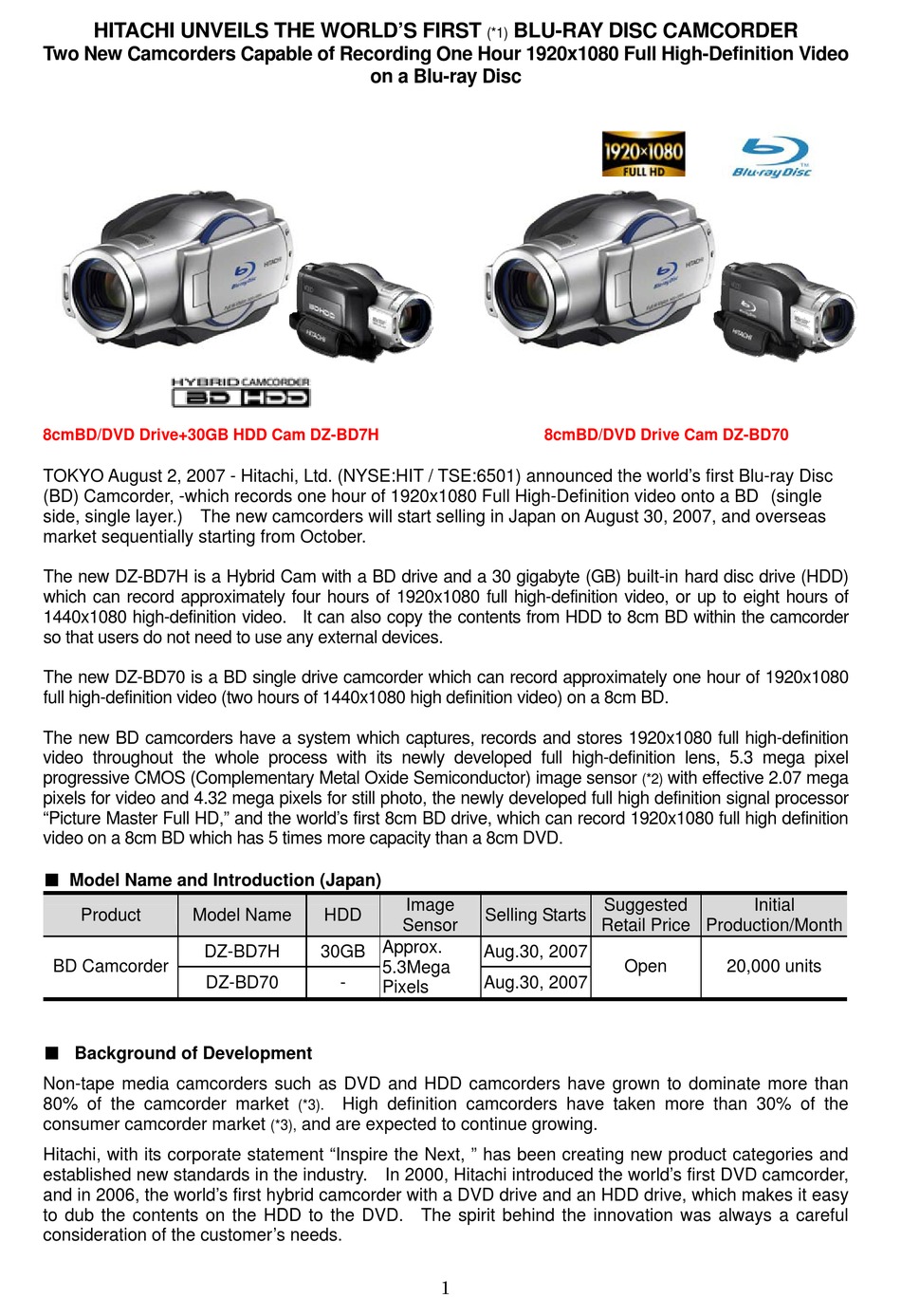 HITACHI DZ-BD70 SPECIFICATION SHEET Pdf Download | ManualsLib