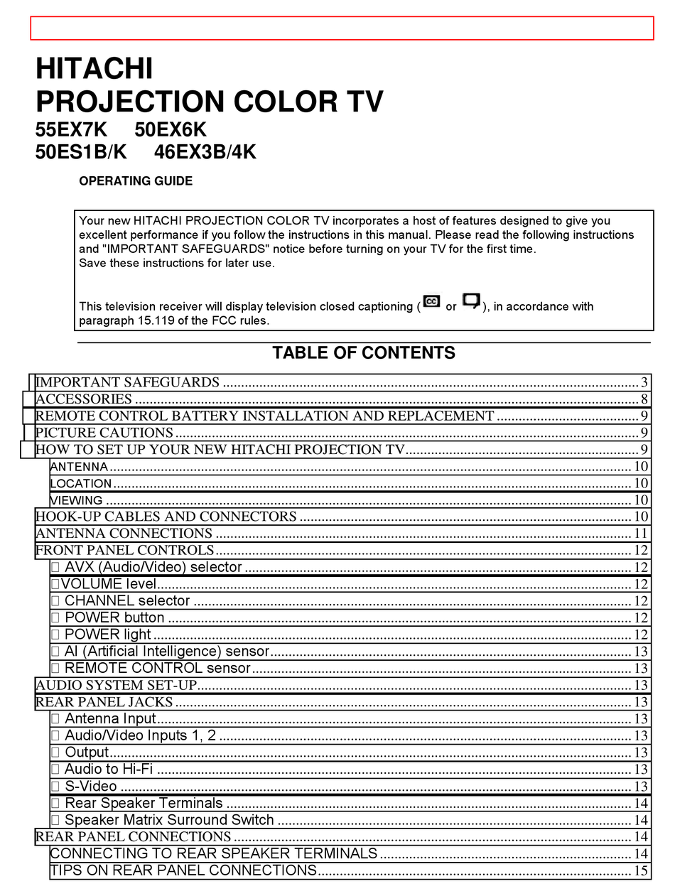 HITACHI 46EX3B OPERATING MANUAL Pdf Download | ManualsLib