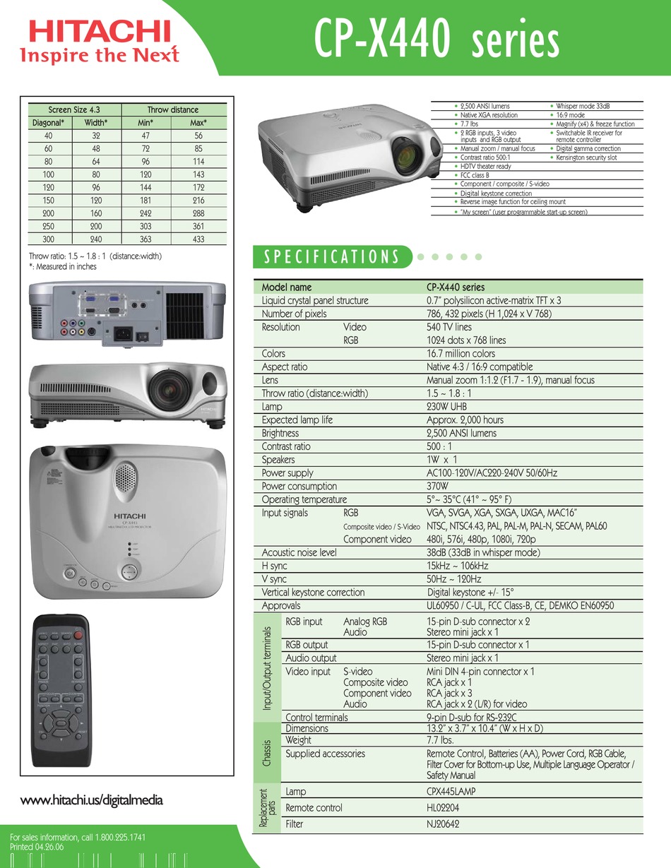 Hitachi Cp-x440 Series Specification Sheet Pdf Download 