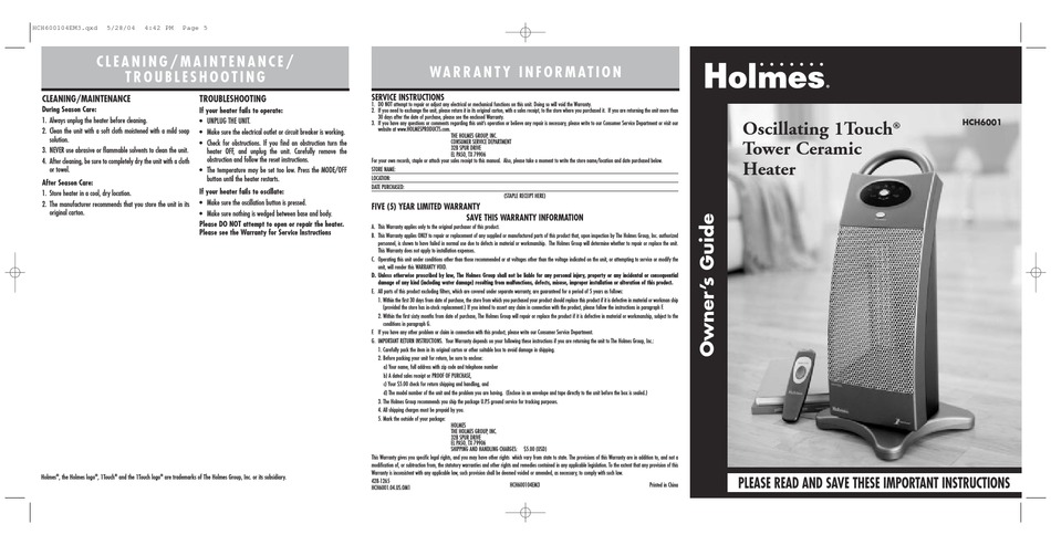 HOLMES HCH6001 OWNER'S MANUAL Pdf Download | ManualsLib