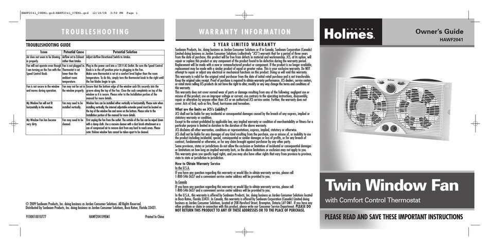 HOLMES HAWF2041 OWNER'S MANUAL Pdf 