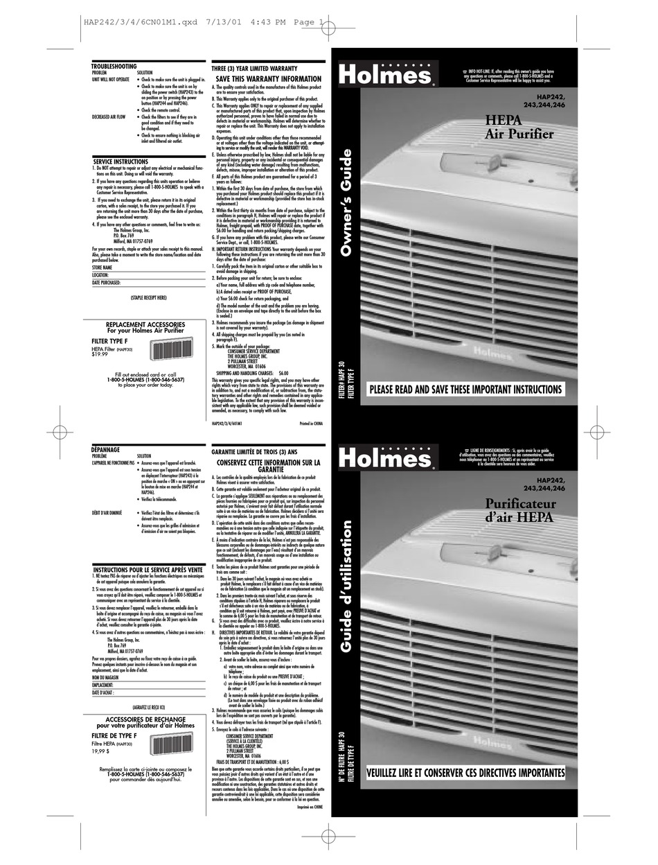 HOLMES HAP242 OWNER'S MANUAL Pdf Download | ManualsLib