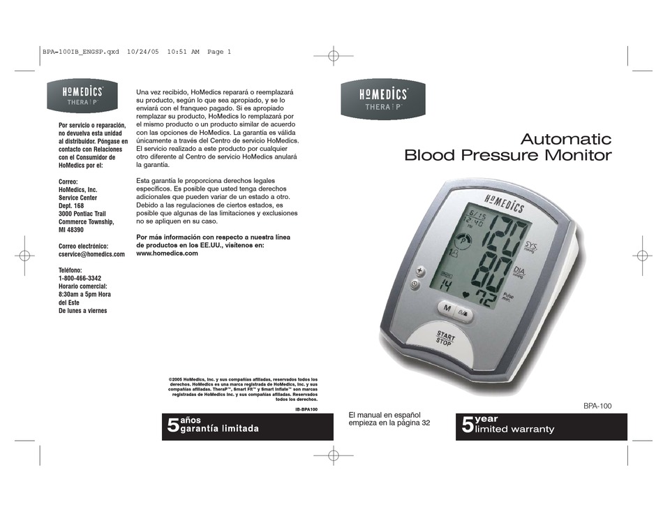 Homedics Thera P (BPA-100) Automatic Blood Pressure Monitor W/ Case &  Manual