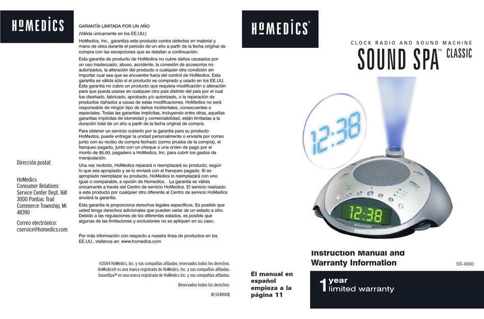 HOMEDICS SOUNDSPA IB-SS4000B INSTRUCTION MANUAL AND WARRANTY Pdf ...