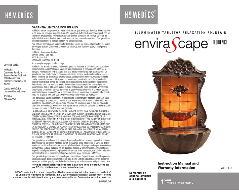 HOMEDICS ENVIRASCAPE TABLETOP RELAXATION FOUNTAIN WFLFLOR INSTRUCTION