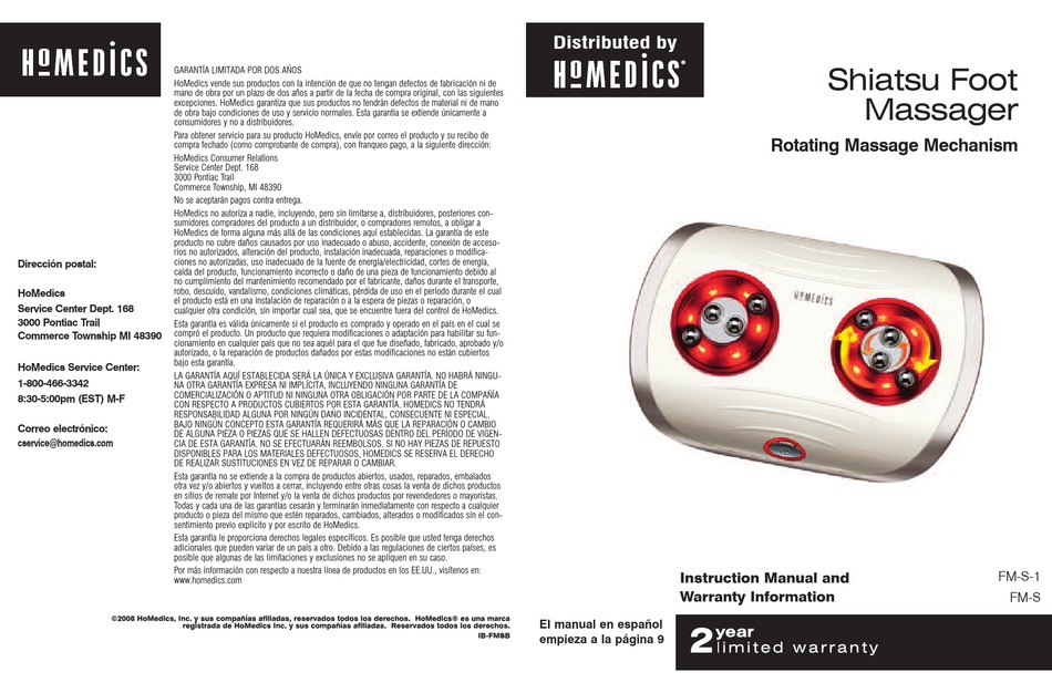 HOMEDICS SHIATSU FOOT MASSAGER INSTRUCTION MANUAL AND WARRANTY Pdf