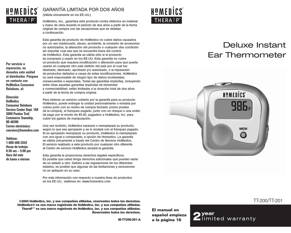 HOMEDICS TT200 INSTRUCTION MANUAL Pdf Download ManualsLib