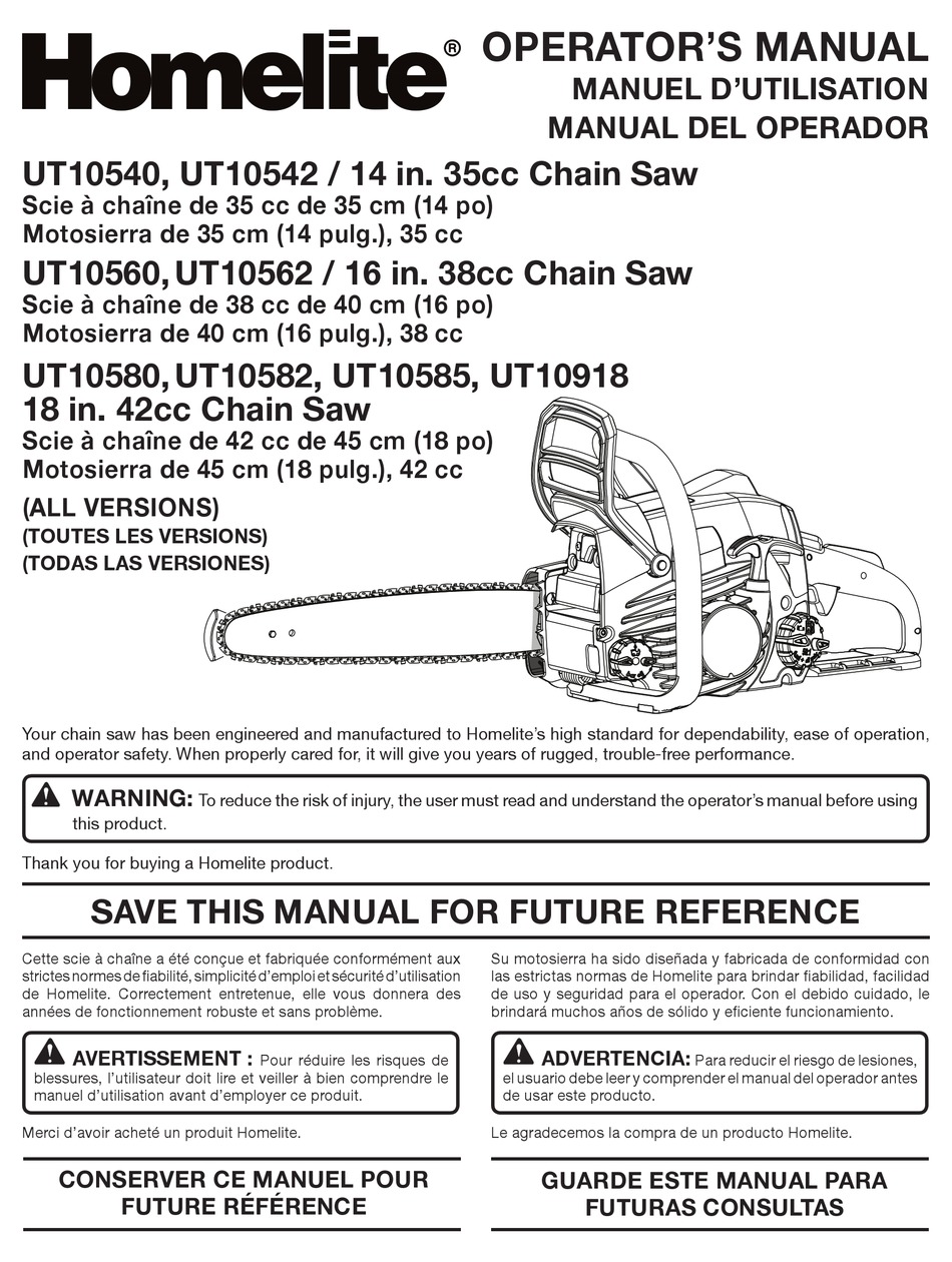 HOMELITE UT10542 OPERATOR'S MANUAL Pdf Download | ManualsLib