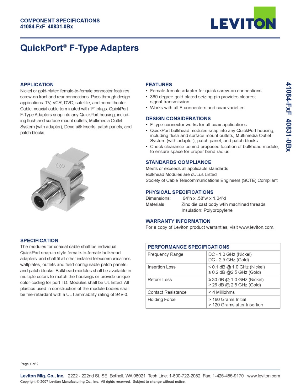 Leviton Quickport F Type Adapters 40831 0bx Specification Pdf Download