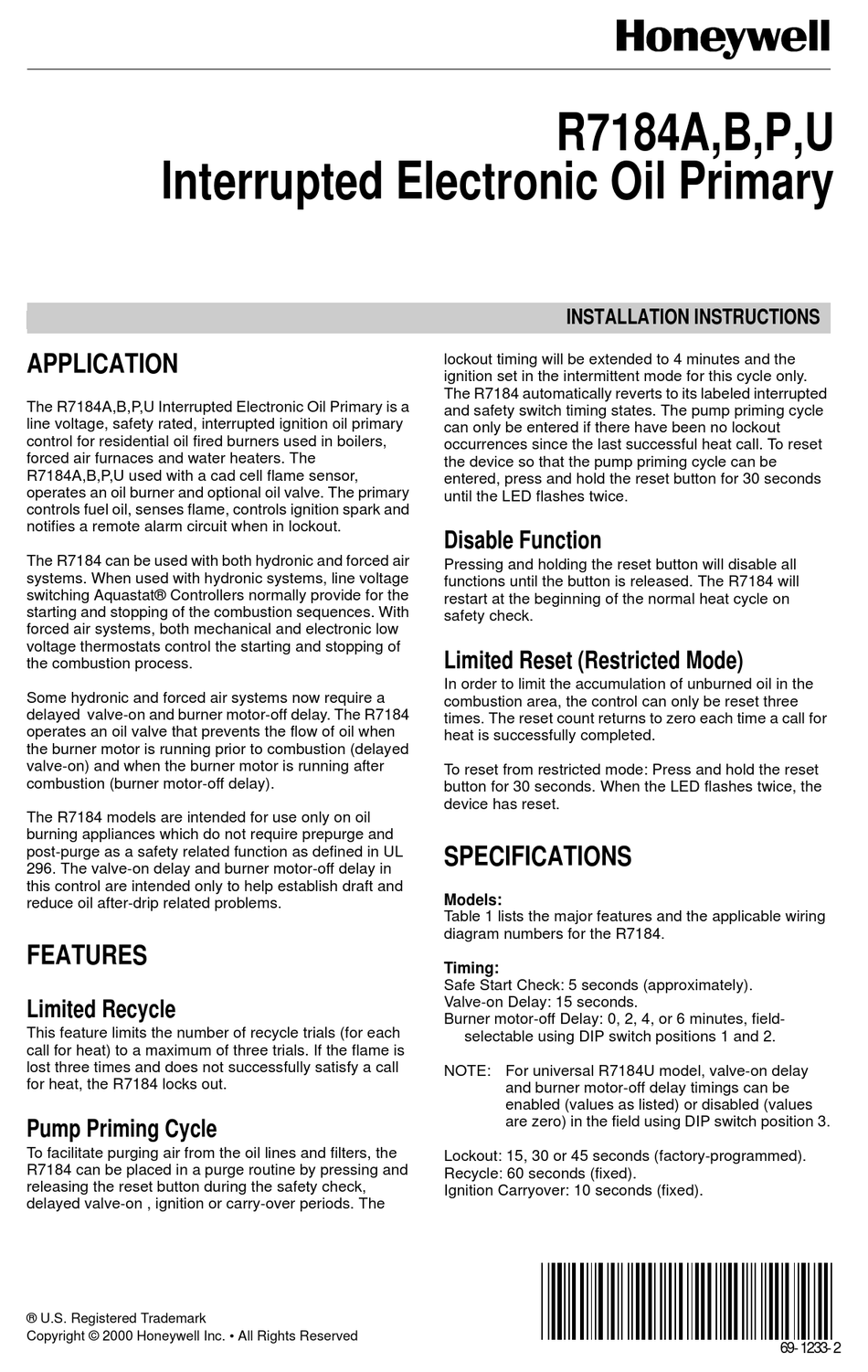 HONEYWELL R7184A INSTALLATION INSTRUCTIONS MANUAL Pdf Download | ManualsLib