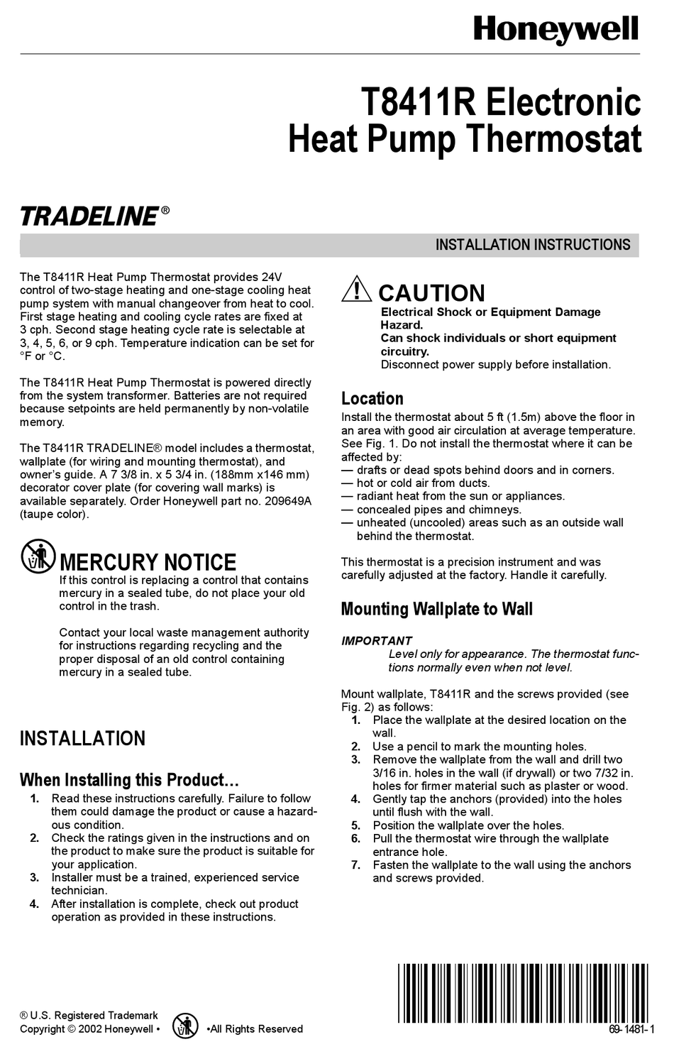 HONEYWELL HEAT PUMP THERMOSTAT T8411R INSTALLATION INSTRUCTIONS MANUAL