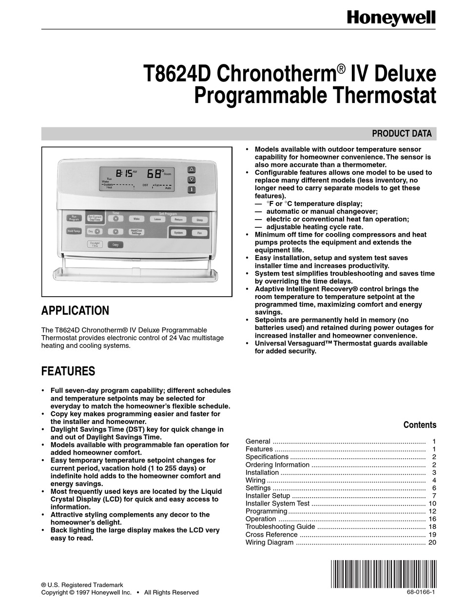20437 HONEYWELL T8624D2004 Deluxe Programmable Digital Thermostat 
