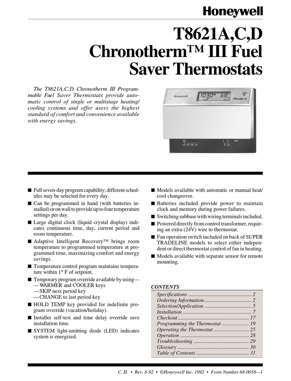 HONEYWELL CHRONOTHERM T8621A USER MANUAL Pdf Download | ManualsLib