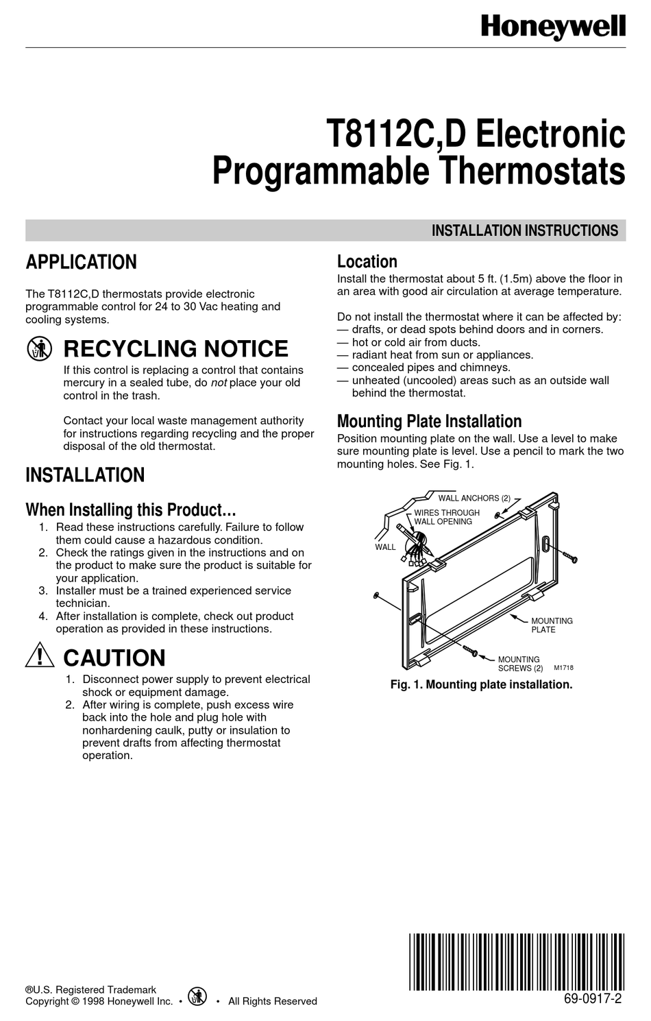 HONEYWELL DT92A Wireless Room Thermostat User Guide 