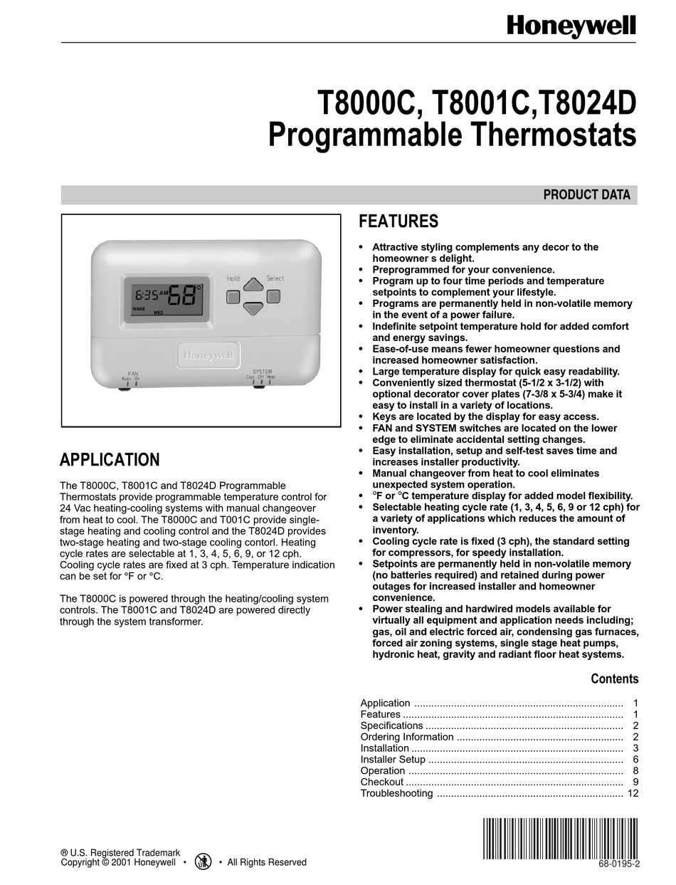 Honeywell T8024d Product Data Pdf Download Manualslib