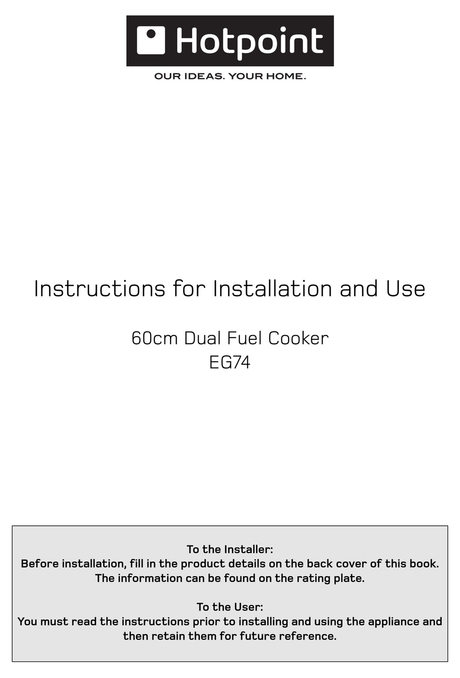 HOTPOINT EG74 INSTRUCTIONS FOR INSTALLATION AND USE MANUAL Pdf Download ...