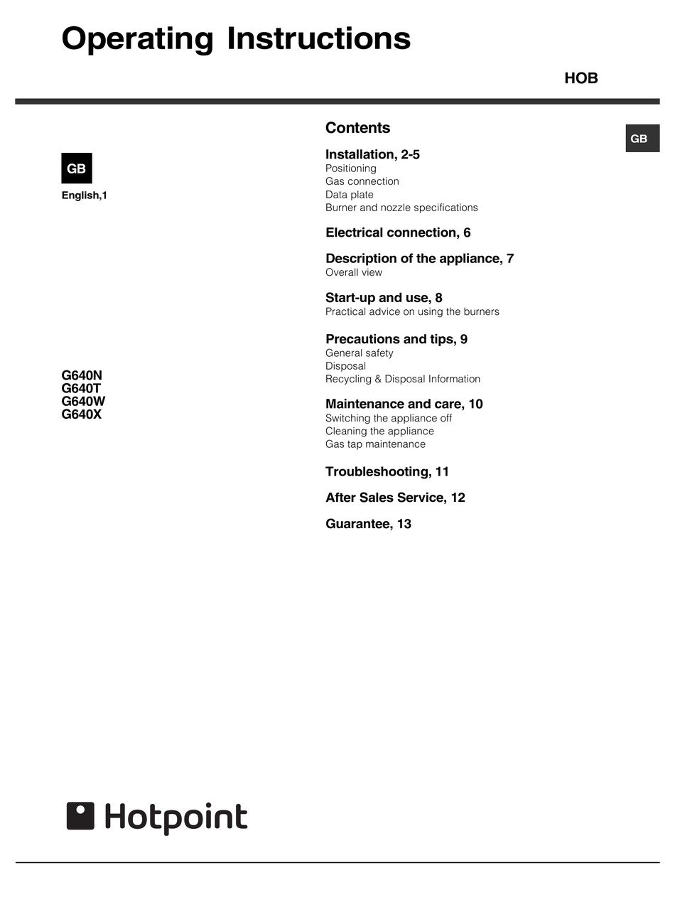 HOTPOINT G640T OPERATING INSTRUCTIONS MANUAL Pdf Download ManualsLib