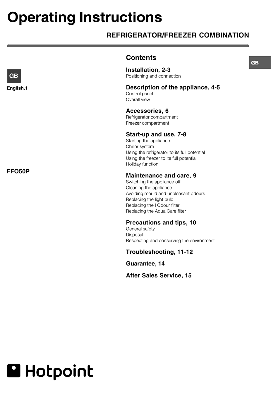 HOTPOINT FFQ50P OPERATING INSTRUCTIONS MANUAL Pdf Download | ManualsLib