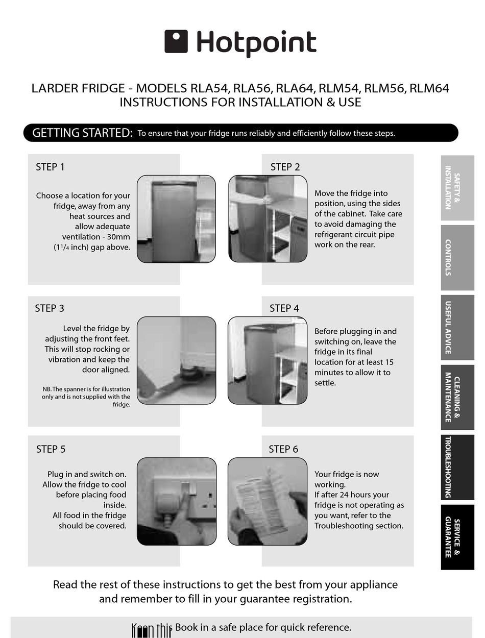 HOTPOINT LARGER FRIDGE RLM54 INSTRUCTIONS FOR INSTALLATION AND USE