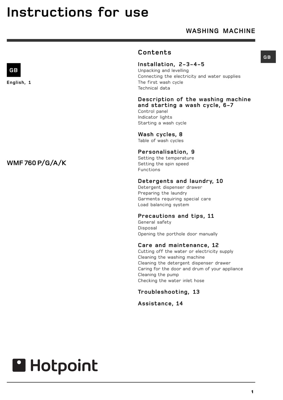 Hotpoint Wmf 760 P G A K Instructions For Use Manual Pdf Download Manualslib