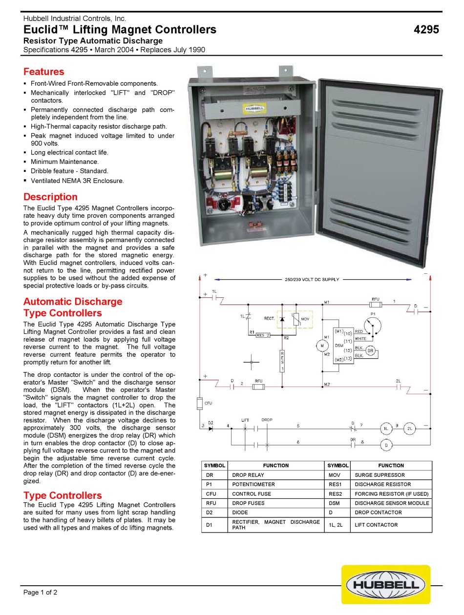 HUBBELL EUCLID LIFTING CONTROLLER 4295 SPECIFICATION SHEET Pdf