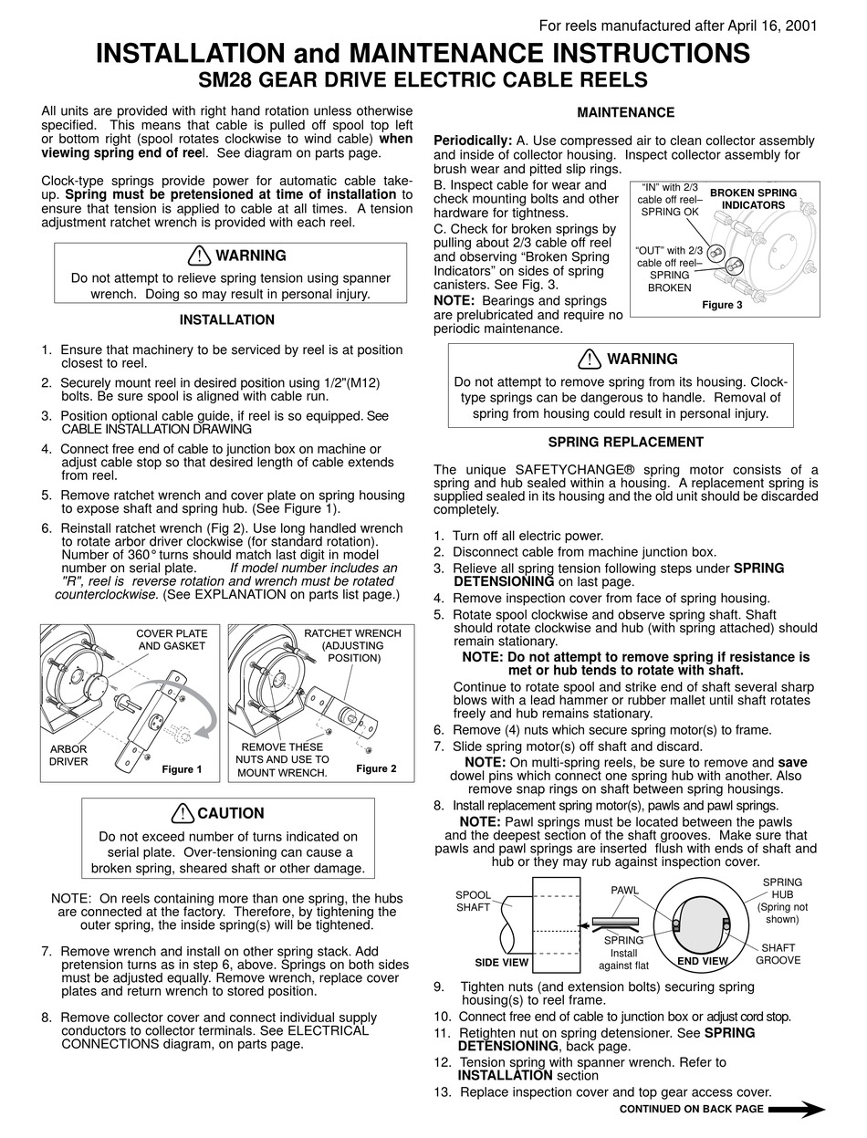 HUBBELL GEAR DRIVE ELECTRIC CABLE REELS SM28 INSTALLATION AND