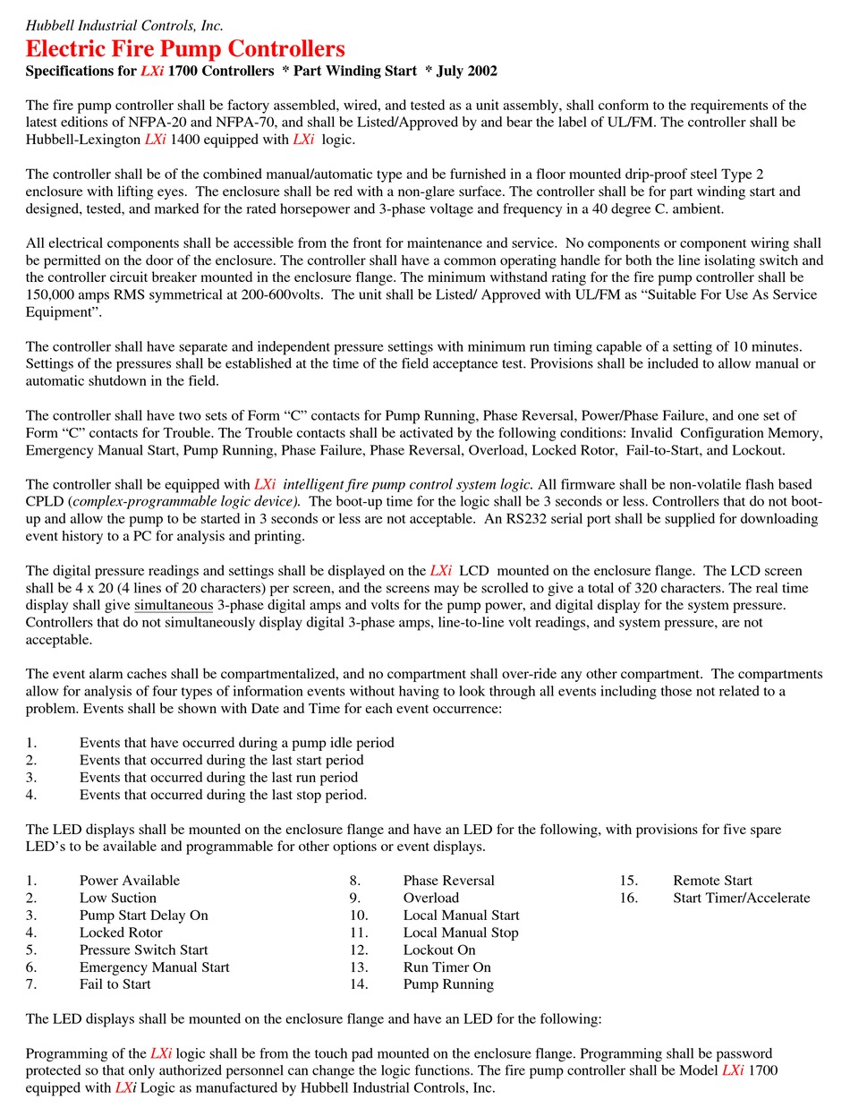 HUBBELL ELECTRIC FIRE PUMP CONTROLLERS LXI 1700 SPECIFICATIONS Pdf