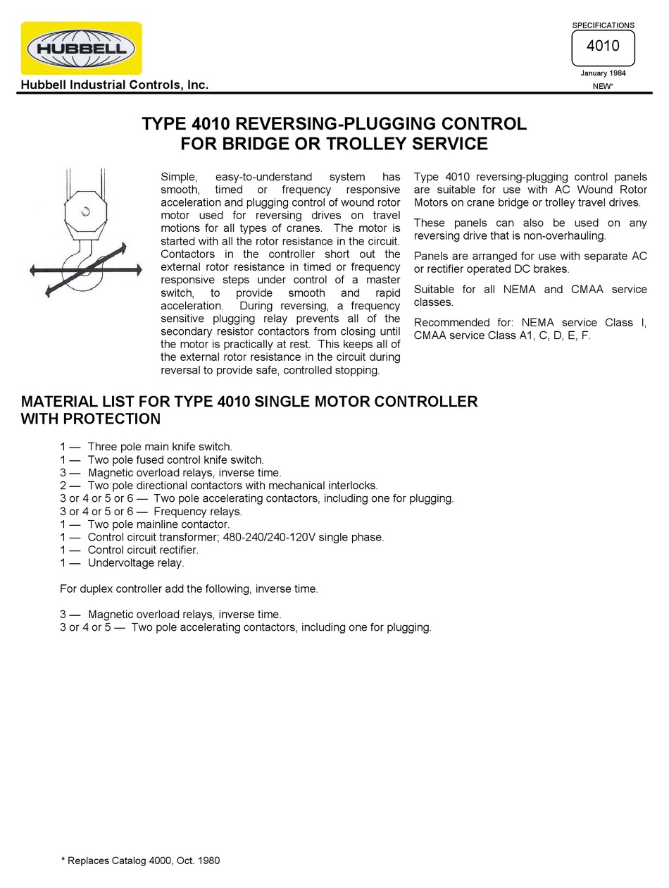 HUBBELL REVERSINGPLUGGING CONTROL 4010 SPECIFICATIONS Pdf Download