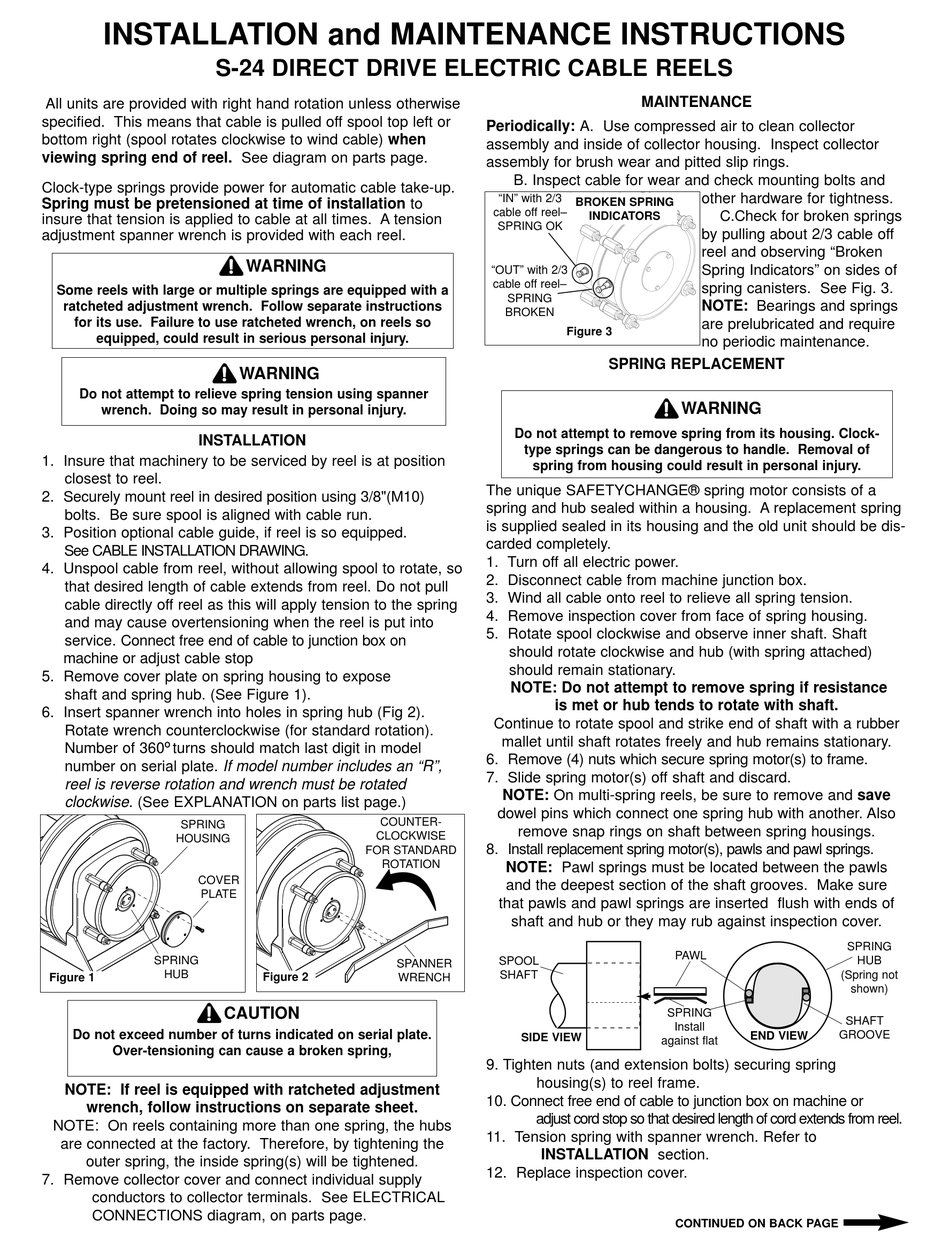 HUBBELL GEAR DRIVE ELECTRIC CABLE REELS S24 INSTALLATION AND