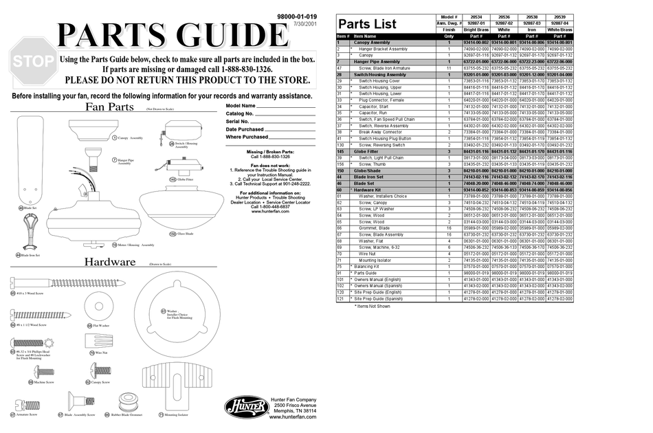 Hunter 20534 Parts Manual Pdf Manualslib - Hunter Ceiling Fan Parts Diagram