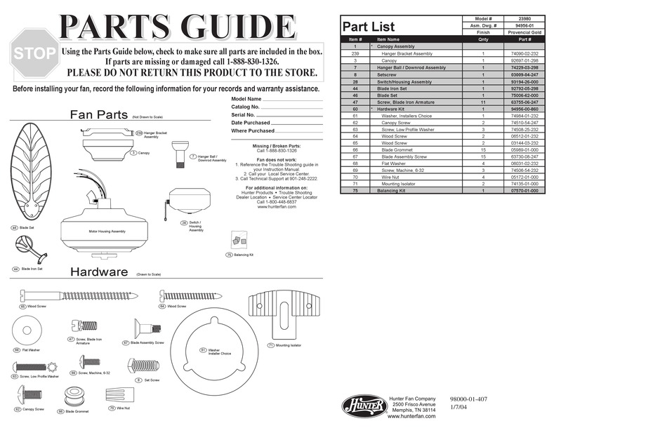 HUNTER 23980 PARTS MANUAL Pdf Download ManualsLib