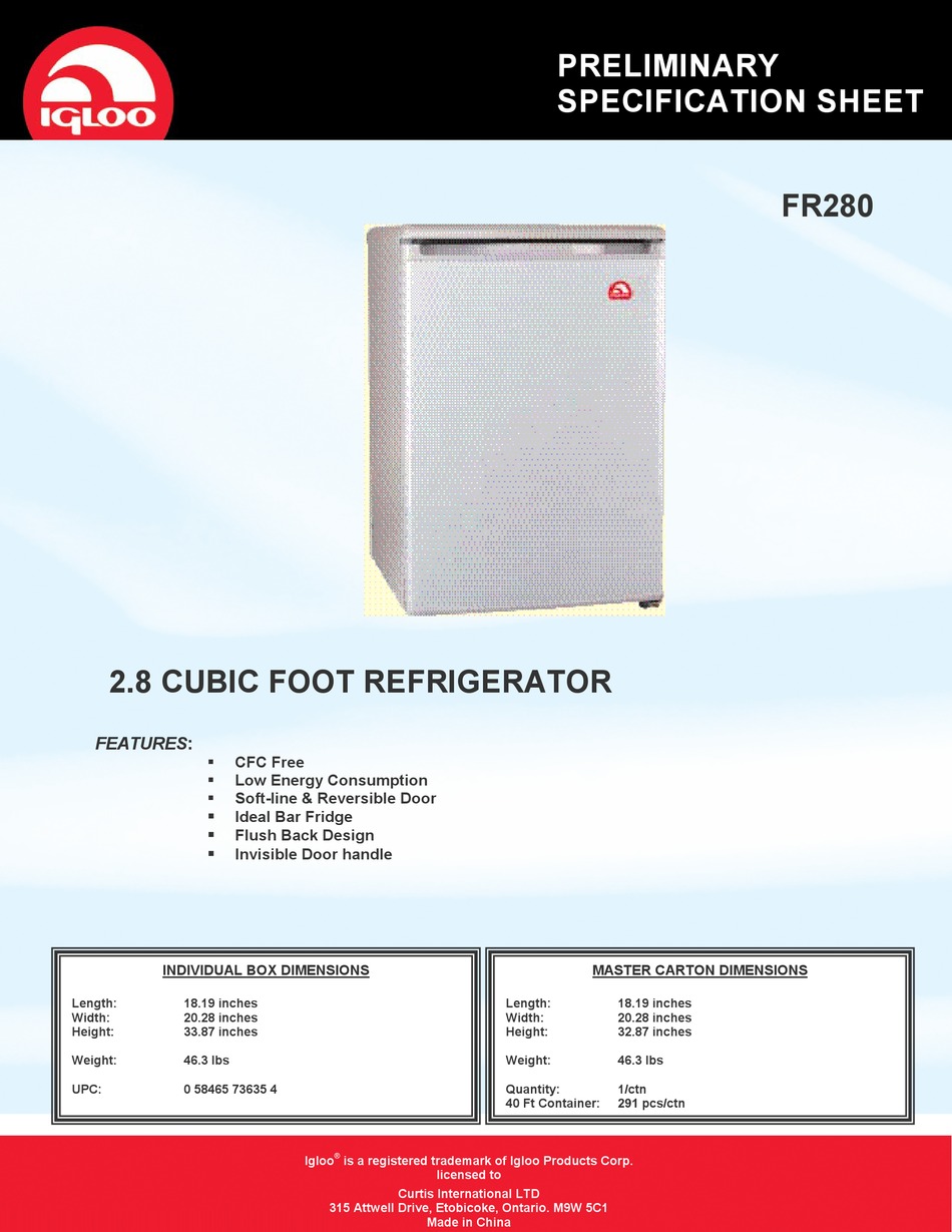 IGLOO FR280 SPECIFICATION SHEET Pdf Download | ManualsLib