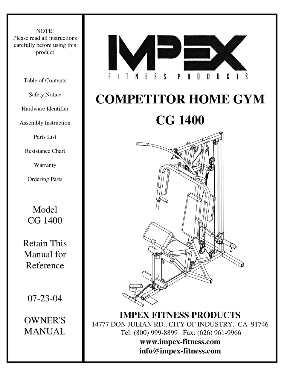 Weight Resistance Chart Impex COMPETITOR CG 1400 Owner s Manual