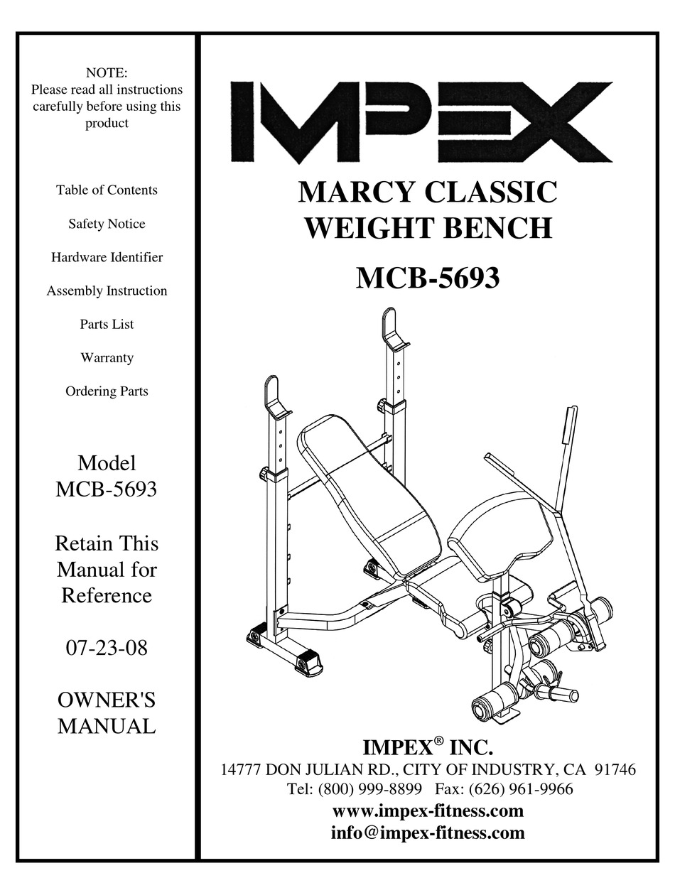 Impex Marcy Classic Mcb 5693 Owners Manual Pdf Download Manualslib
