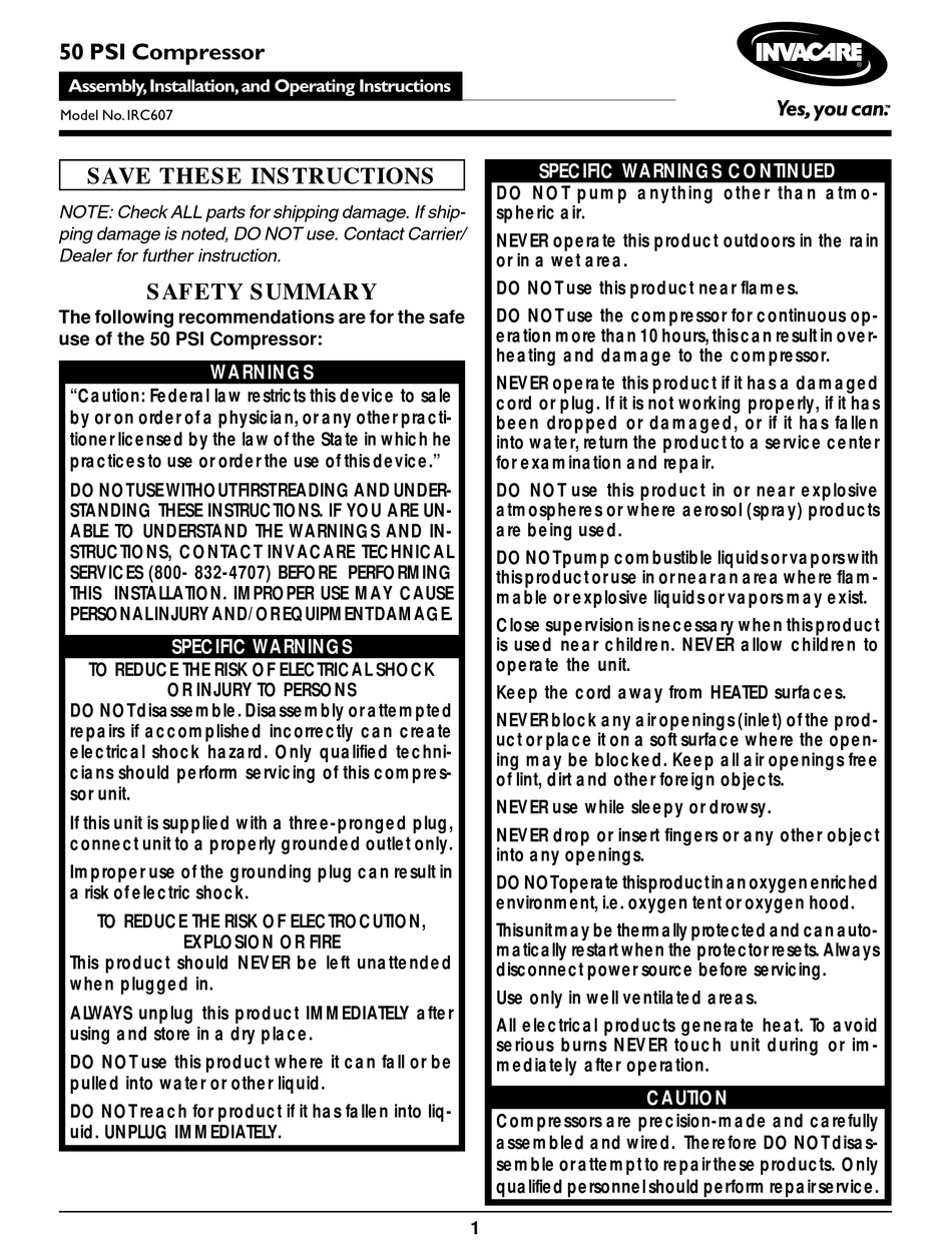 INVACARE 50 PSI COMPRESSOR IRC607 OPERATING INSTRUCTIONS MANUAL Pdf