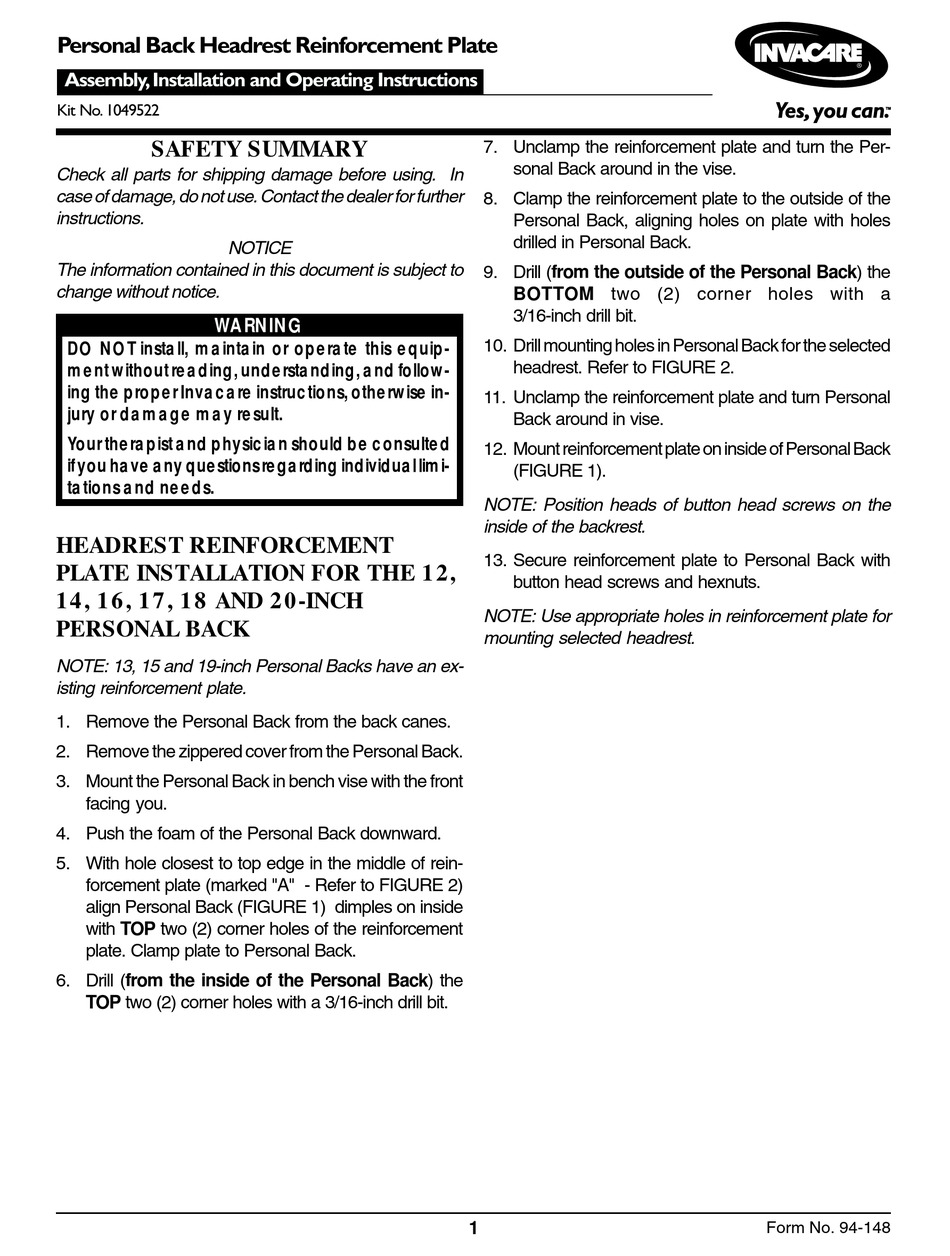 INVACARE 1049522 ASSEMBLY, INSTALLATION AND OPERATING INSTRUCTIONS Pdf